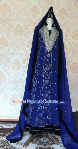 Indian Traditional Wedding Deep Blue Embroidered Costume Asian Hui Nationality Bride Lehenga Dress for Women