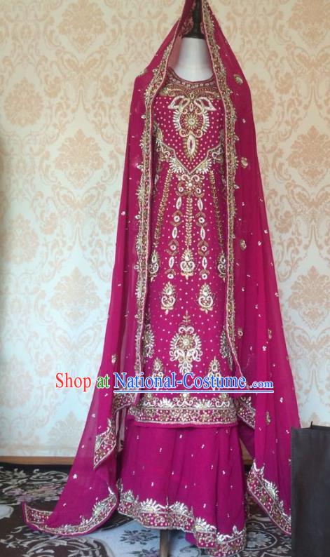 Indian Traditional Wedding Embroidered Rosy Costume Asian Hui Nationality Bride Lehenga Dress for Women