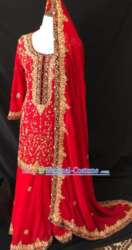 Indian Traditional Wedding Embroidered Red Lehenga Dress Asian Hui Nationality Bride Costume for Women