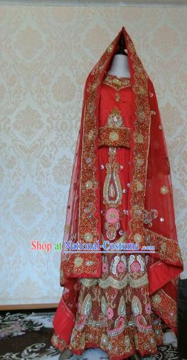 Indian Traditional Pearls Embedded Red Lehenga Costume Asian Hui Nationality Wedding Bride Embroidered Dress for Women