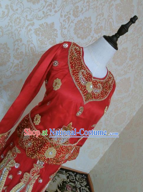 Indian Traditional Pearls Embedded Red Lehenga Costume Asian Hui Nationality Wedding Bride Embroidered Dress for Women