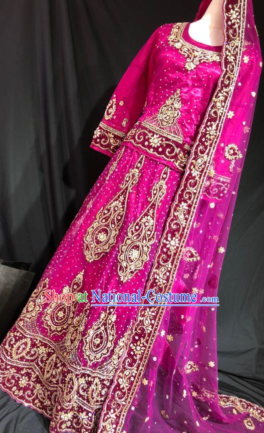 Indian Traditional Wedding Rosy Embroidered Diamante Lehenga Dress Asian Hui Nationality Bride Costume for Women