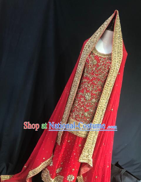 Indian Traditional Wedding Embroidered Sequins Red Lehenga Dress Asian Hui Nationality Bride Costume for Women