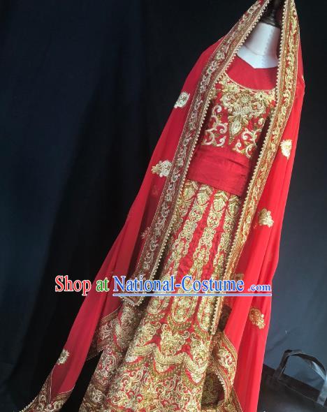 Indian Traditional Wedding Embroidered Red Lehenga Dress Asian Hui Nationality Bride Costume for Women