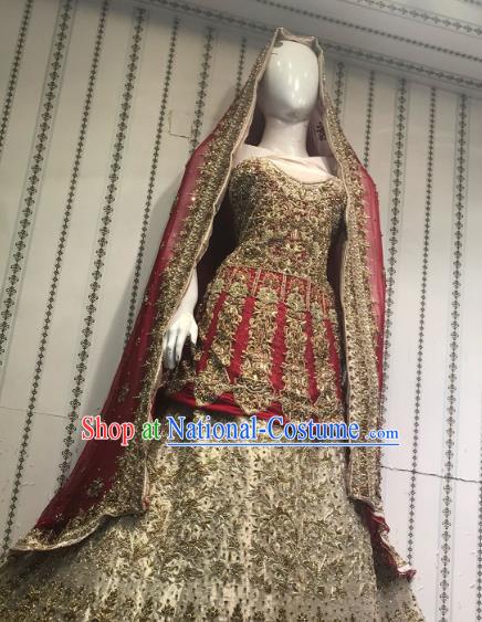 Indian Traditional Bride Purplish Red Lehenga Embroidered Dress Asian Hui Nationality Wedding Costume for Women