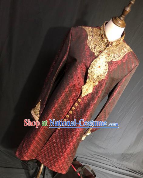 Indian Traditional Embroidered Dark Red Coat Asian Hui Nationality Bridegroom Wedding Costume for Men