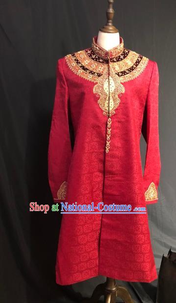 Indian Traditional Wedding Embroidered Red Coat Asian Hui Nationality Bridegroom Costume for Men