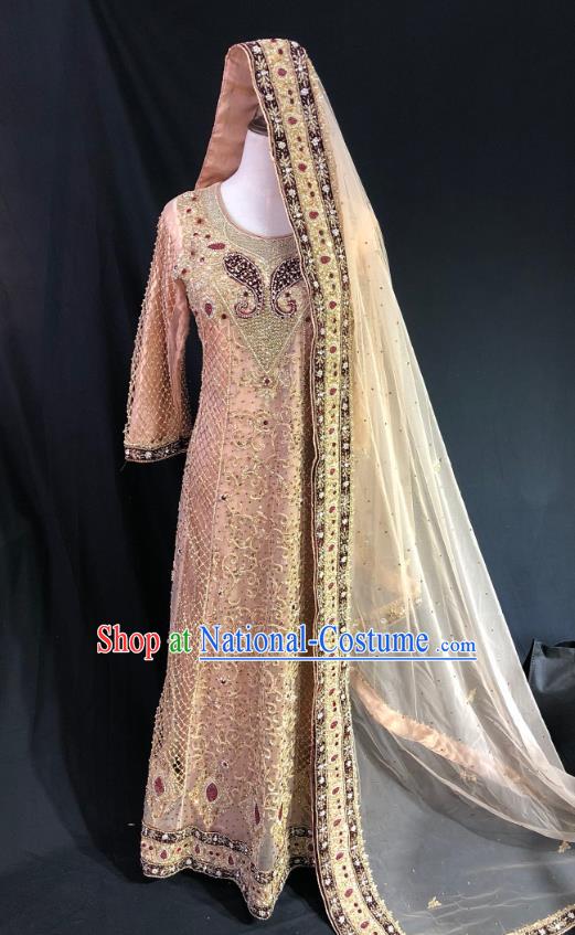 Indian Traditional Bride Embroidered Beads Apricot Lehenga Dress Asian Hui Nationality Wedding Costume for Women