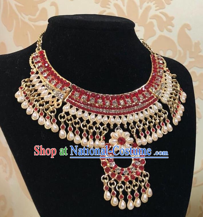 Indian Traditional Wedding Luxury Red Crystal Pearls Necklace Asian India Bride Jewelry Accessories for Women