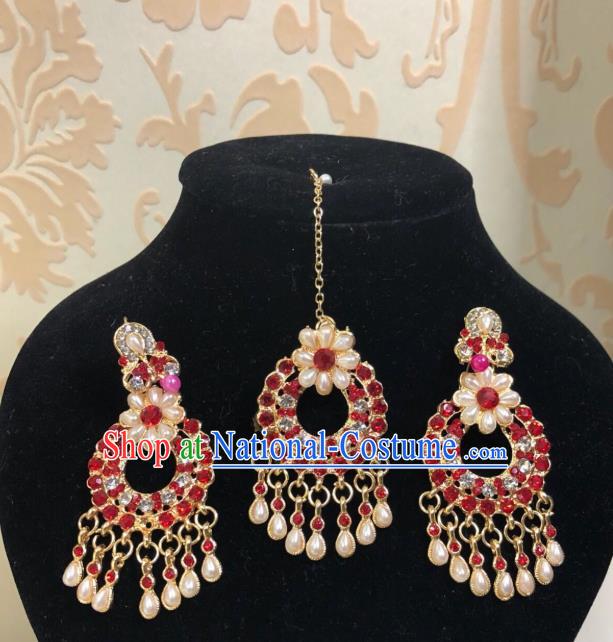 Traditional Indian Wedding Red Crystal Pearls Eyebrows Pendant and Earrings Asian India Bride Headwear Jewelry Accessories for Women