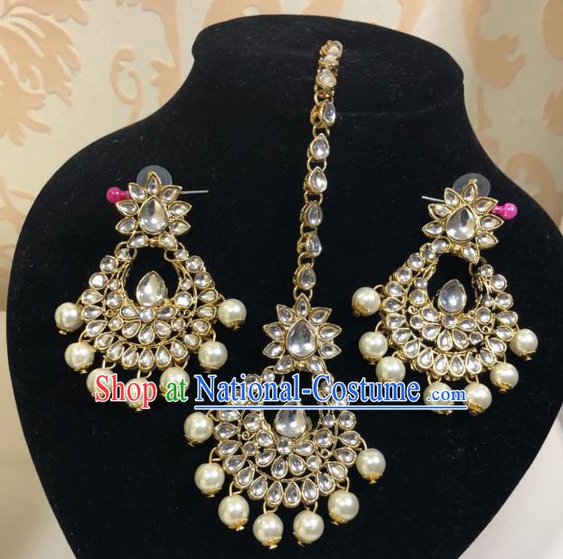 Traditional Indian Wedding Bride Eyebrows Pendant and Earrings Asian India Headwear Jewelry Accessories for Women