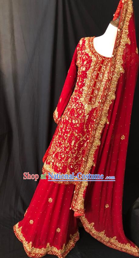 Indian Traditional Bride Embroidered Red Lehenga Dress Asian Hui Nationality Wedding Costume for Women