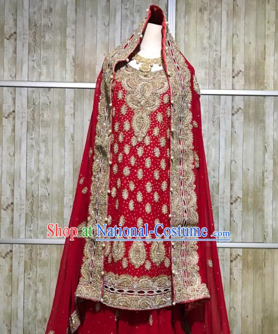 Indian Traditional Wedding Embroidered Red Lehenga Dress Asian Hui Nationality Bride Costume for Women