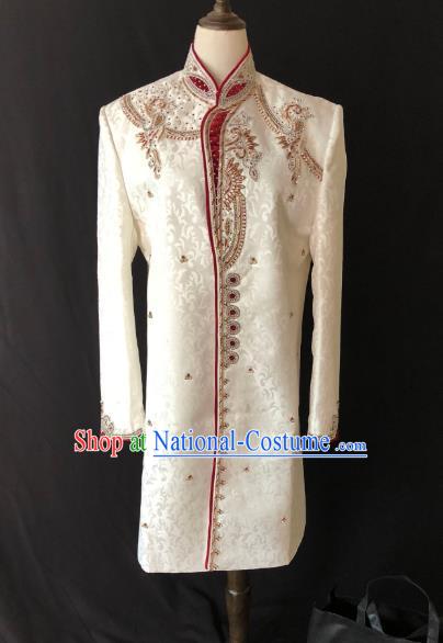 Indian Traditional Court Wedding Embroidered White Coat Asian Hui Nationality Bridegroom Costume for Men