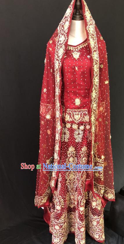 Indian Traditional Wedding Bride Embroidered Red Lehenga Dress Asian Hui Nationality Costume for Women