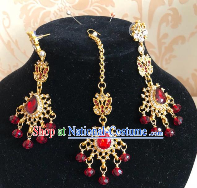 Traditional Indian Wedding Bride Eyebrows Pendant and Golden Earrings Asian India Headwear Jewelry Accessories for Women