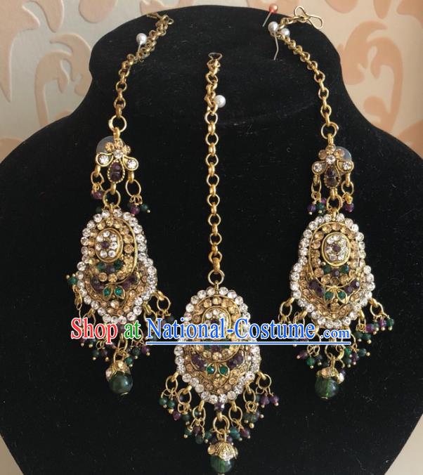 Traditional Indian Wedding Bride Beads Tassel Eyebrows Pendant and Earrings Asian India Headwear Jewelry Accessories for Women