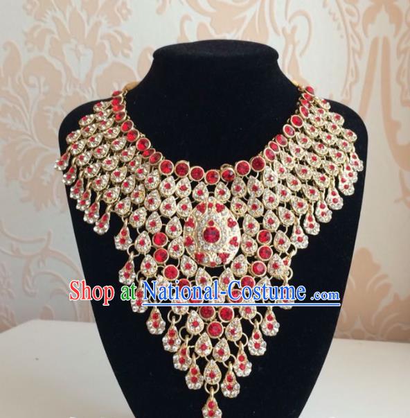 Indian Court Traditional Wedding Luxury Red Crystal Necklace Asian India Bride Jewelry Accessories for Women