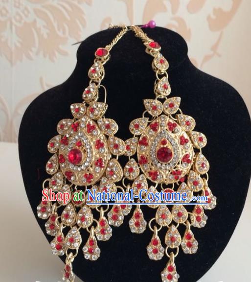 Indian Traditional Wedding Red Crystal Earrings Asian India Court Bride Jewelry Accessories for Women