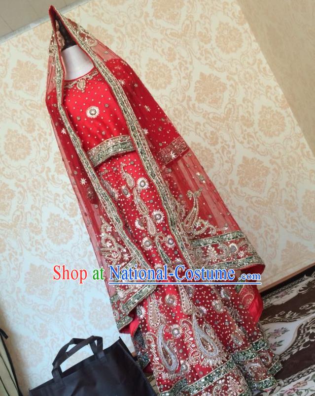 Indian Traditional Court Wedding Diamante Red Lehenga Costume Asian Hui Nationality Bride Embroidered Dress for Women