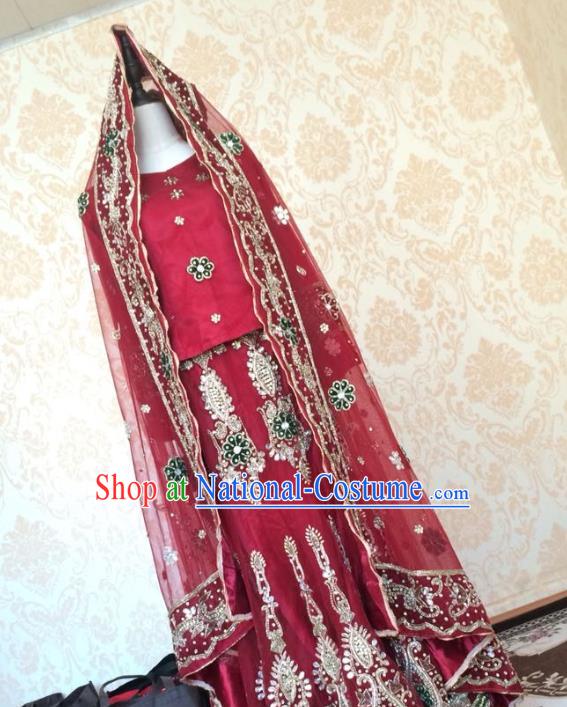 Indian Traditional Court Wedding Wine Red Lehenga Costume Asian Hui Nationality Bride Embroidered Dress for Women