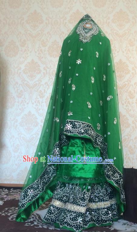 Indian Traditional Diamante Green Satin Lehenga Costume Asian Hui Nationality Wedding Bride Embroidered Dress for Women