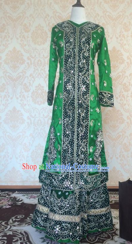 Indian Traditional Diamante Green Satin Lehenga Costume Asian Hui Nationality Wedding Bride Embroidered Dress for Women