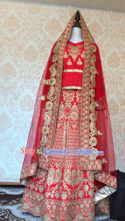 Indian Traditional Court Red Lehenga Costume Asian Hui Nationality Wedding Bride Embroidered Dress for Women