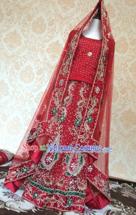 Indian Traditional Court Wedding Dress Asian Hui Nationality Bride Diamante Red Lehenga Costume for Women