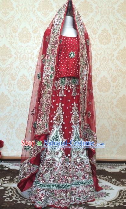 Indian Traditional Court Diamante Wedding Dress Asian Hui Nationality Bride Red Lehenga Costume for Women