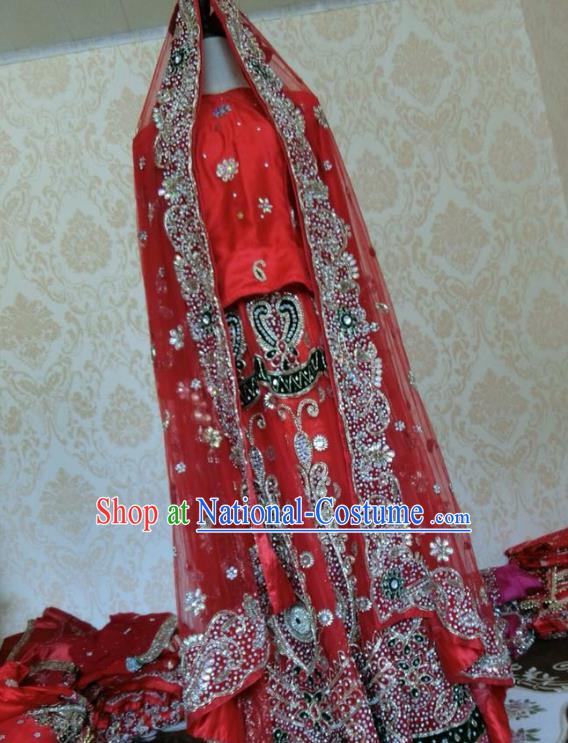 Indian Traditional Court Wedding Diamante Red Lehenga Costume Asian Hui Nationality Bride Dress for Women