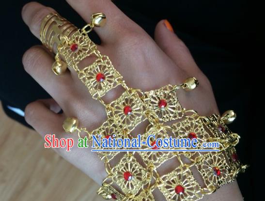 Indian Traditional Wedding Golden Bells Tassel Bracelet with Ring Asian India Court Bride Jewelry Accessories for Women