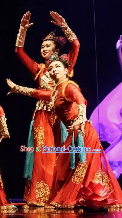 Chinese Yuan Qi Dunhuang Ethnic Dance Red Dress Traditional Classical Dance Stage Performance Costume for Women