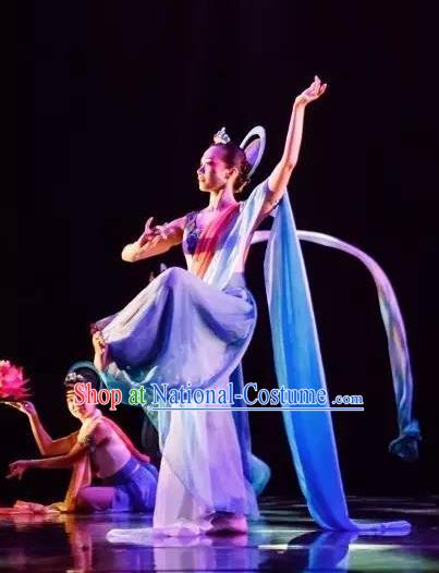 Chinese Yuan Qi Dunhuang Flying Apsaras Dance Blue Dress Traditional Classical Dance Stage Performance Costume for Women