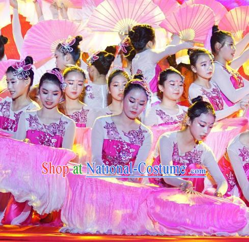 Chinese Blossom Time Fan Dance Rosy Dress Traditional Classical Dance Stage Performance Costume for Women