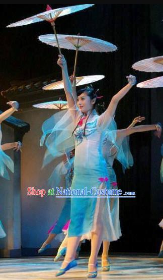 Chinese Yan Yu Xing Zhou Classical Dance Blue Dress Traditional Umbrella Dance Stage Performance Costume for Women