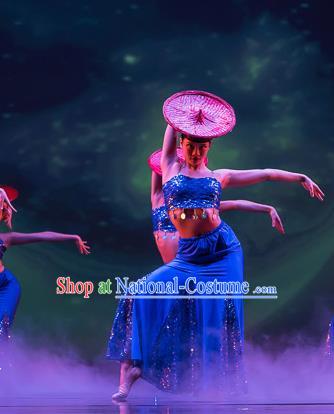 Chinese Shan Ling Dai Nationality Peacock Dance Blue Dress Traditional Folk Dance Stage Performance Costume for Women