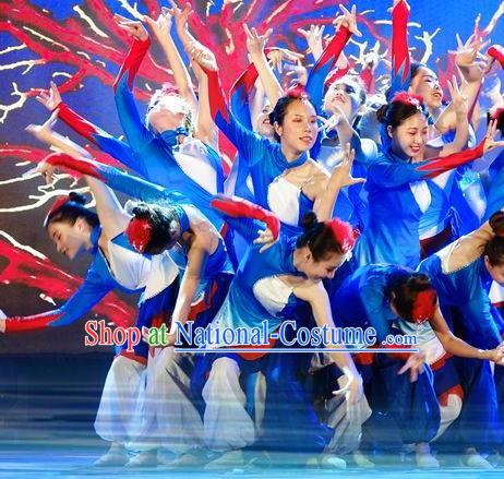 Chinese Stage Performance Red Coral Folk Dance Blue Dress Traditional Fan Dance Costume for Women