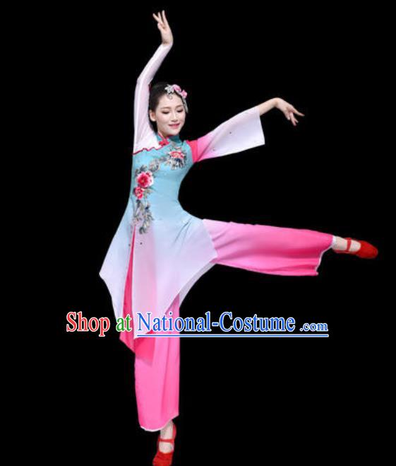 Red Coral Chinese Stage Performance Folk Dance Blue Dress Traditional Fan Dance Costume for Women