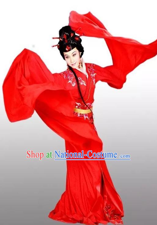 Chinese Shaoxing Opera Hua Tan Red Costumes and Headdress Hedda or Aspiration Sky High Yue Opera Huadan Dress Garment Actress Apparels