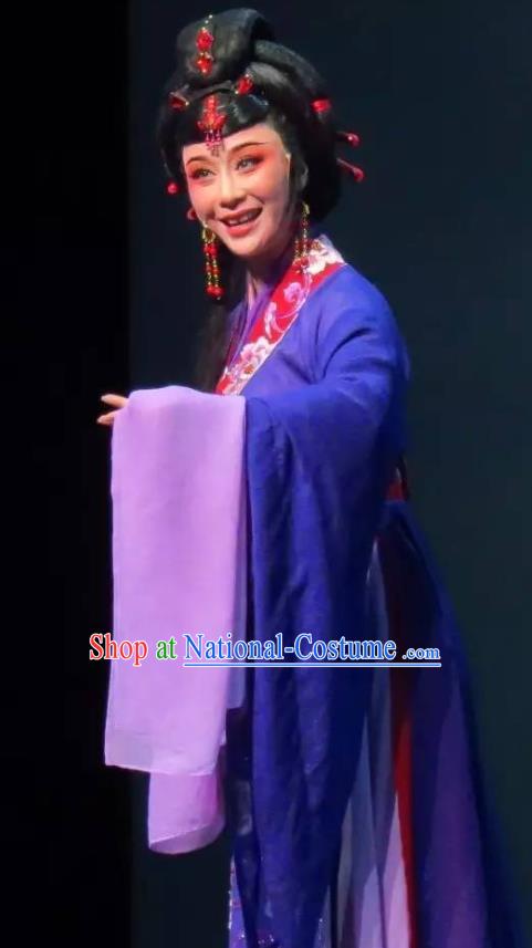 Chinese Shaoxing Opera Noble Dame Blue Dress Costumes Apparels and Headpieces Hedda or Aspiration Sky High Yue Opera Elderly Female Garment