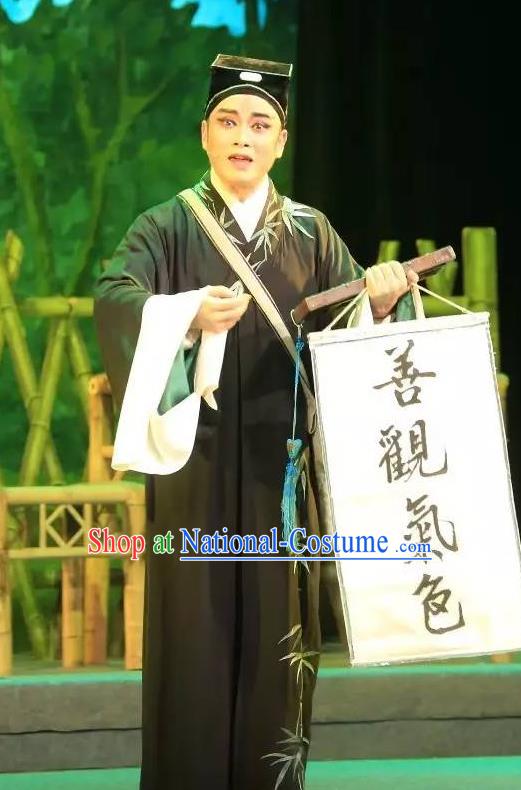 He Wenxiu Chinese Yue Opera Xiaosheng Young Male Black Garment and Headwear Shaoxing Opera Apparels Soothsayer Robe Costumes