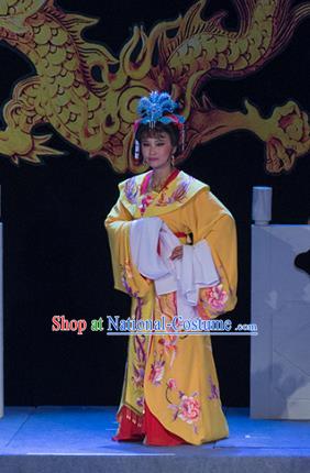 Chinese Shaoxing Opera Queen Liu E Yellow Dress Costumes and Headdress Palm Civet for Prince Yue Opera Actress Empress Garment Apparels