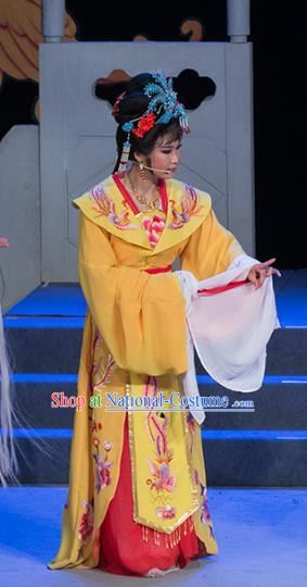 Chinese Shaoxing Opera Queen Liu E Yellow Dress Costumes and Headdress Palm Civet for Prince Yue Opera Actress Empress Garment Apparels