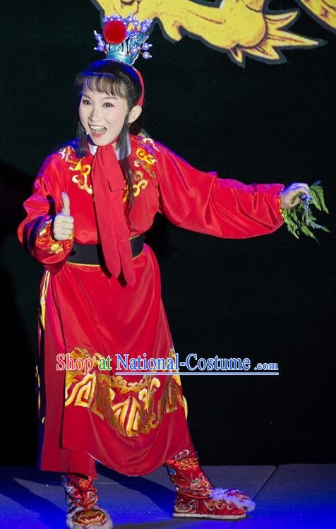 Palm Civet for Prince Chinese Yue Opera Young Boy Apparels Red Costumes and Headwear Shaoxing Opera Crown Prince Zhao Zhen Garment