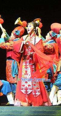 Chinese Shaoxing Opera Hua Tan Red Dress Costumes and Headdress A Song of The Travelling Son Yue Opera Actress Wedding Apparels Bride Garment