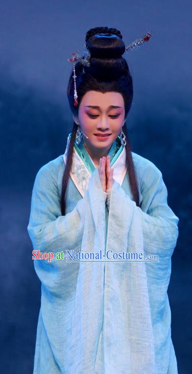 King Wu Yue Chinese Shaoxing Opera Actress Blue Dress Garment and Headpieces Yue Opera Hua Tan Imperial Consort Apparels Costumes