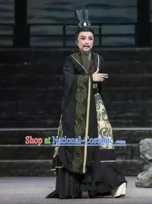 Chinese Yue Opera Official Black Garment Costumes and Headwear Qu Yuan Shaoxing Opera Poet Apparels