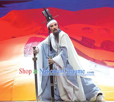 Chinese Yue Opera Poet Garment Costumes and Headwear Qu Yuan Shaoxing Opera Laosheng Elderly Male Apparels