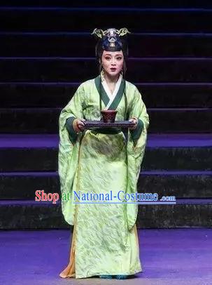 Qu Yuan Chinese Shaoxing Opera Actress Court Lady Costumes and Headpieces Yue Opera Hua Tan Green Hanfu Dress Apparels Garment